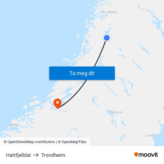 Hattfjelldal to Trondheim map