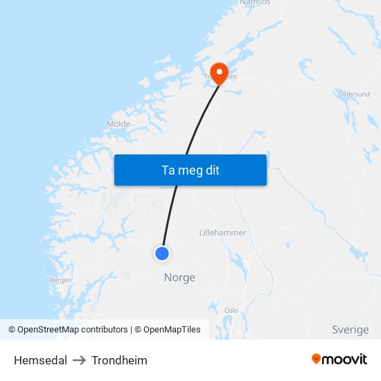Hemsedal to Trondheim map
