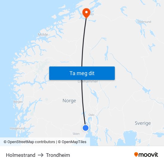 Holmestrand to Trondheim map