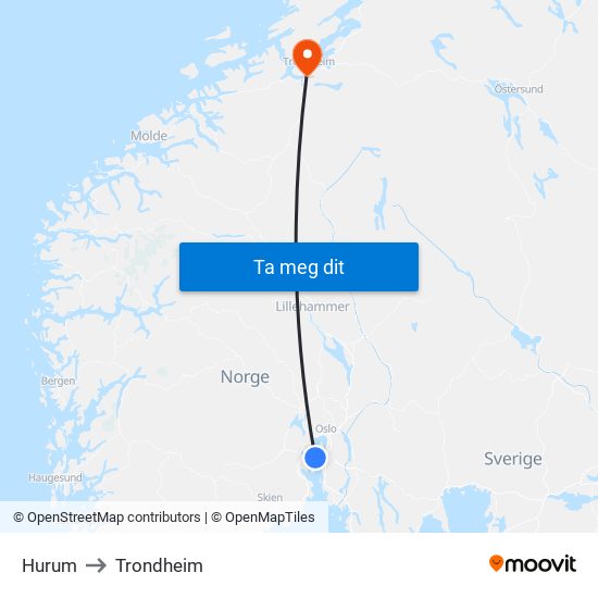 Hurum to Trondheim map