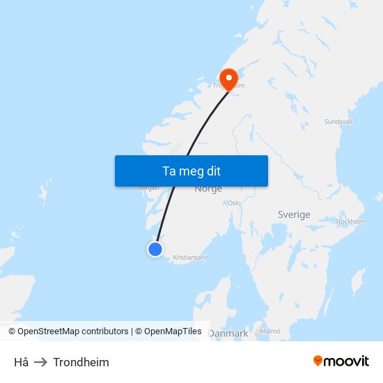Hå to Trondheim map