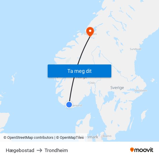 Hægebostad to Trondheim map