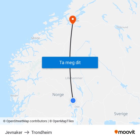 Jevnaker to Trondheim map