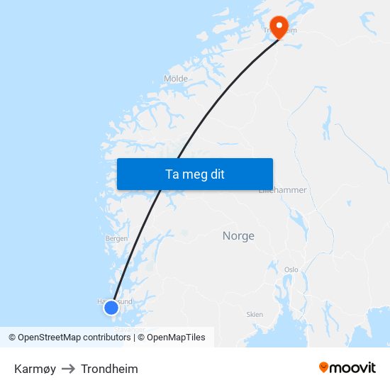 Karmøy to Trondheim map