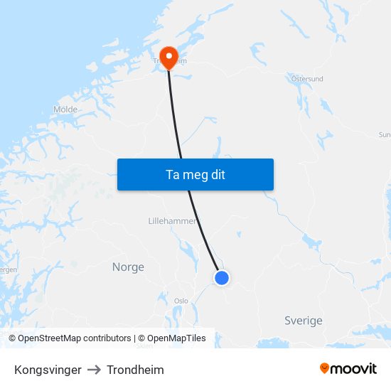 Kongsvinger to Trondheim map