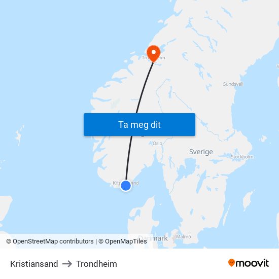 Kristiansand to Trondheim map