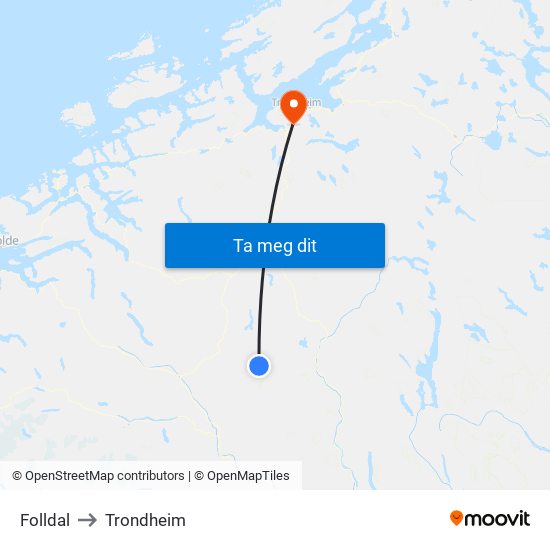 Folldal to Trondheim map