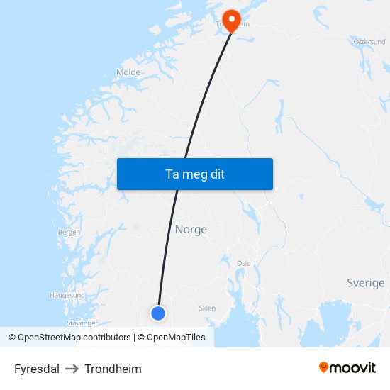 Fyresdal to Trondheim map