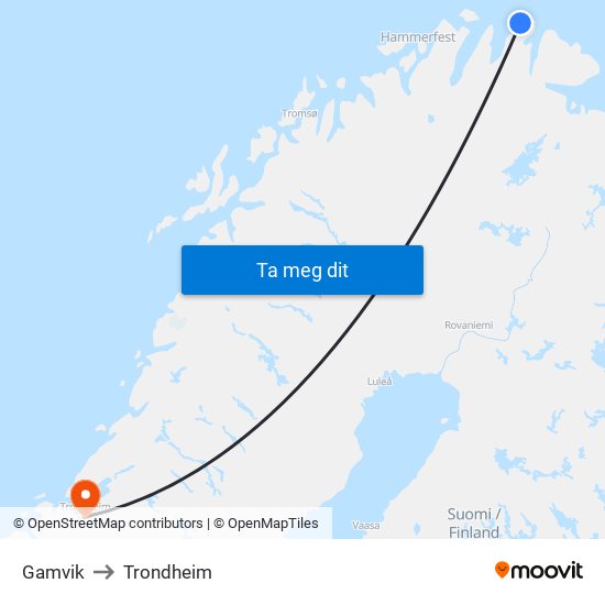 Gamvik to Trondheim map