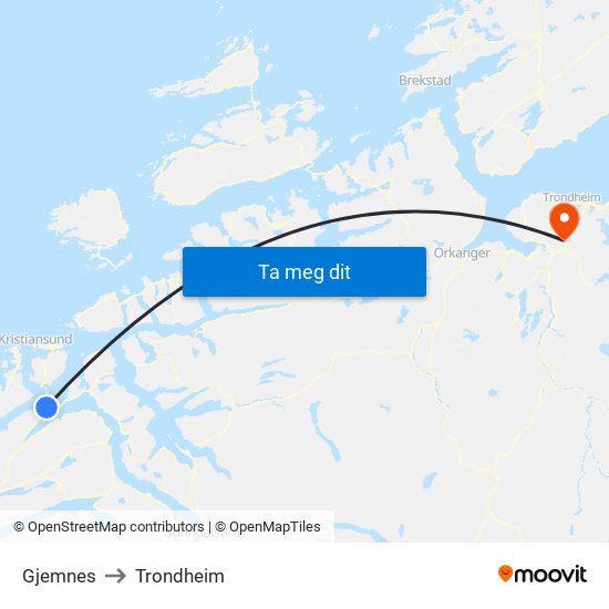 Gjemnes to Trondheim map