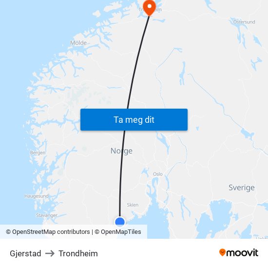 Gjerstad to Trondheim map