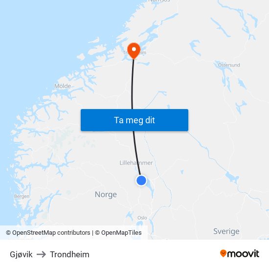 Gjøvik to Trondheim map