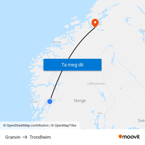 Granvin to Trondheim map