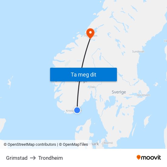 Grimstad to Trondheim map