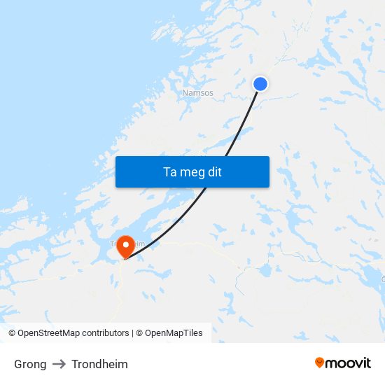 Grong to Trondheim map