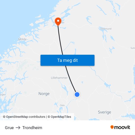 Grue to Trondheim map