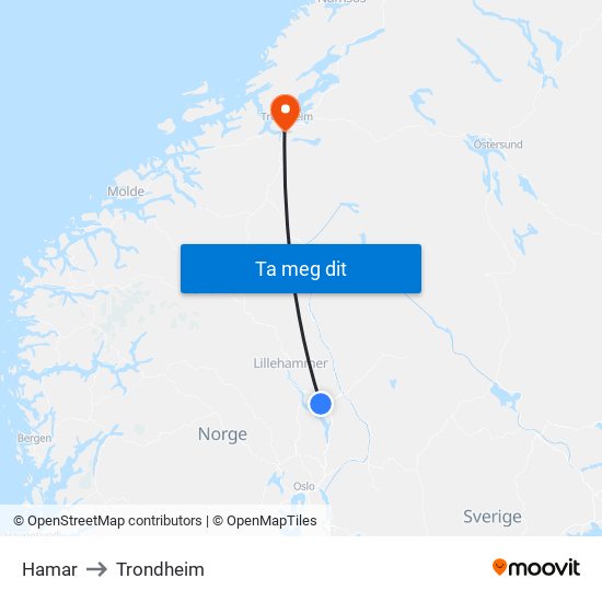 Hamar to Trondheim map