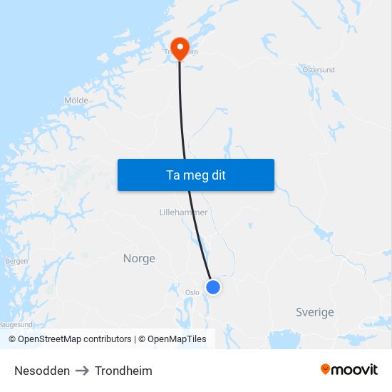 Nesodden to Trondheim map