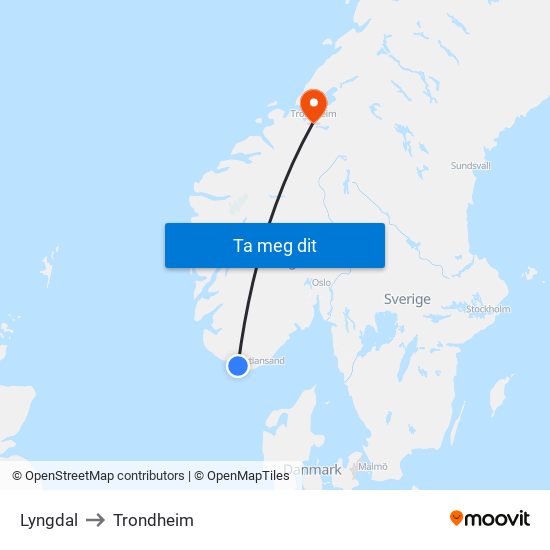 Lyngdal to Trondheim map
