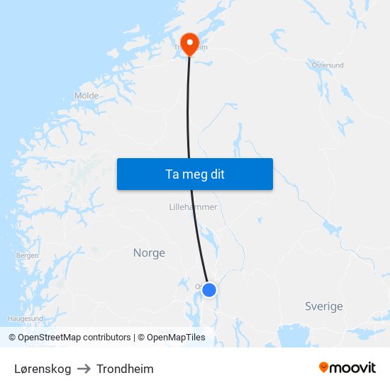 Lørenskog to Trondheim map
