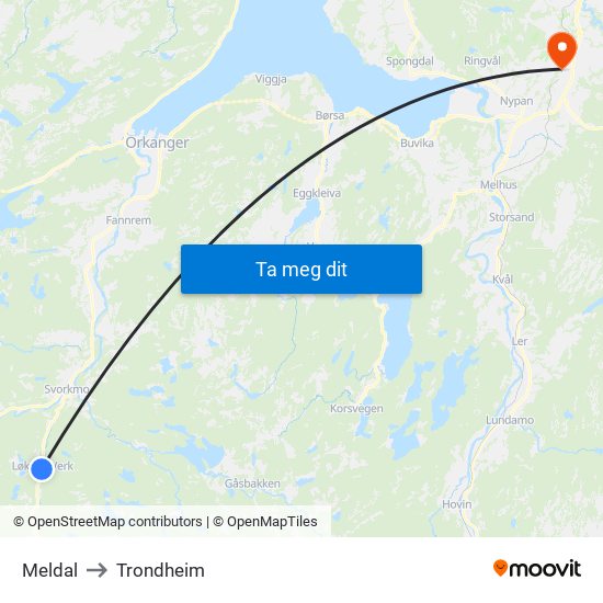 Meldal to Trondheim map