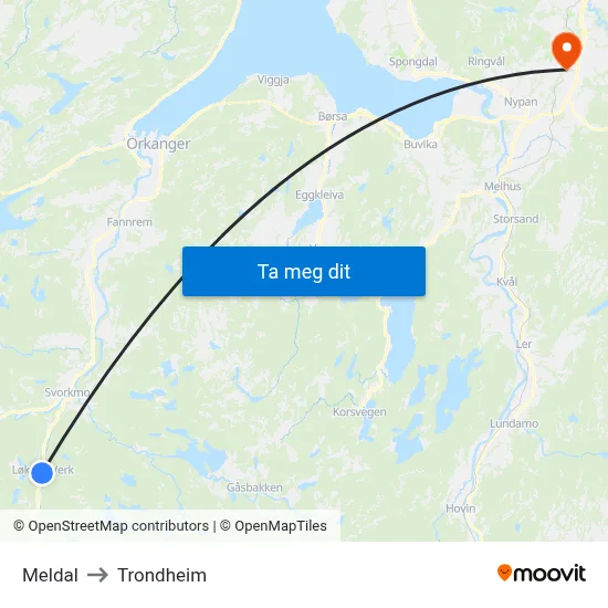 Meldal to Trondheim map