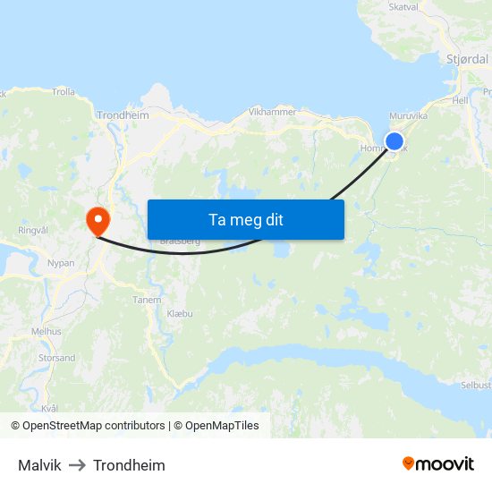 Malvik to Trondheim map