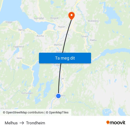 Melhus to Trondheim map