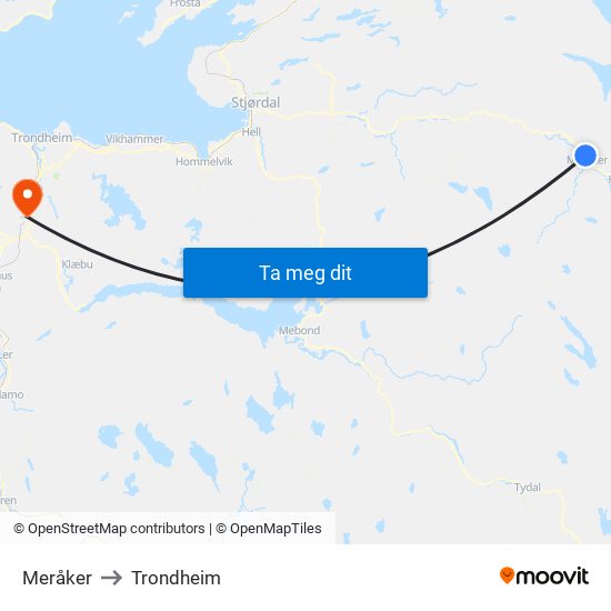 Meråker to Trondheim map