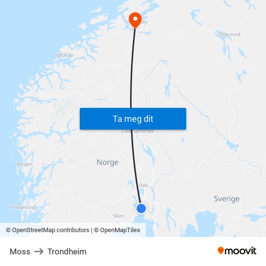 Moss to Trondheim map