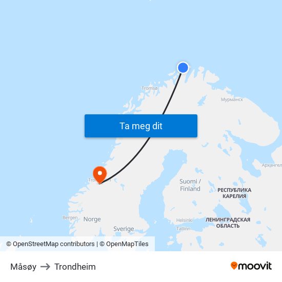 Måsøy to Trondheim map