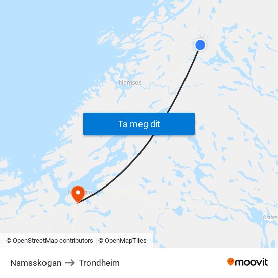 Namsskogan to Trondheim map