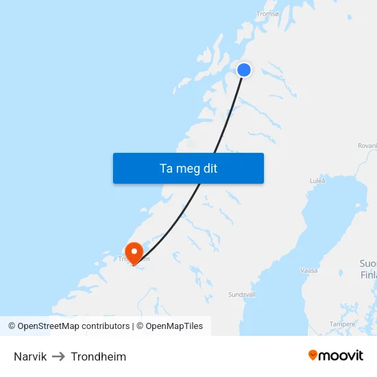 Narvik to Trondheim map