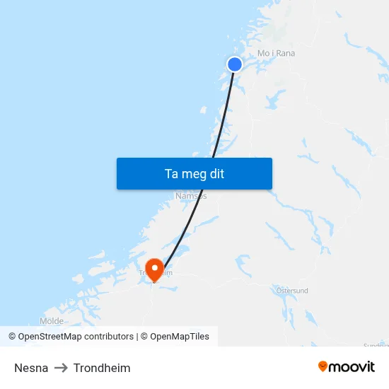 Nesna to Trondheim map