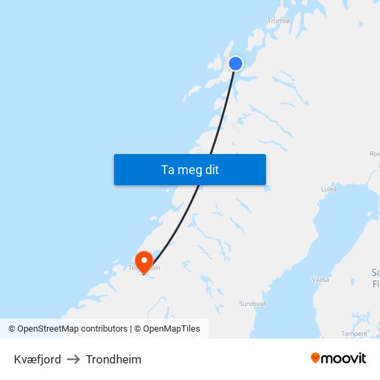 Kvæfjord to Trondheim map