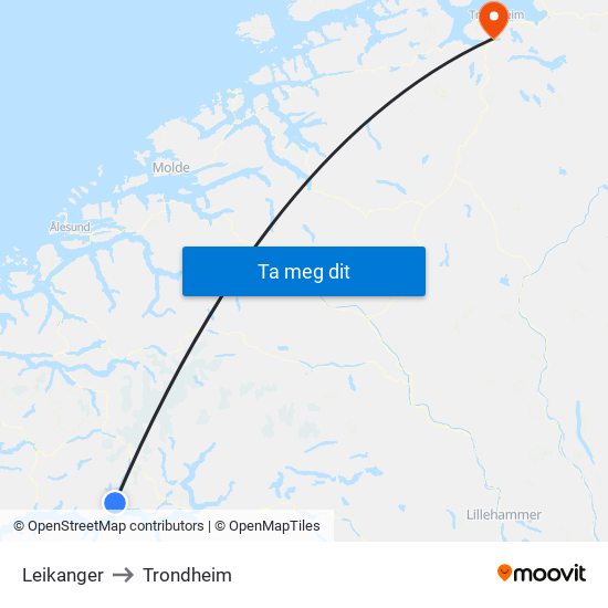 Leikanger to Trondheim map