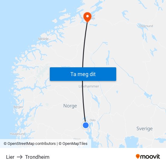 Lier to Trondheim map