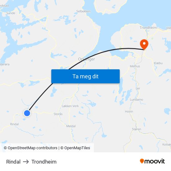 Rindal to Trondheim map