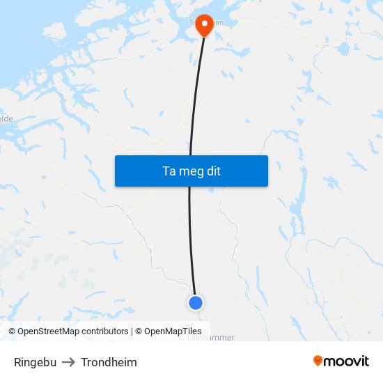 Ringebu to Trondheim map