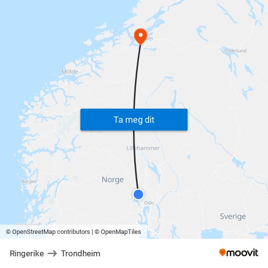 Ringerike to Trondheim map