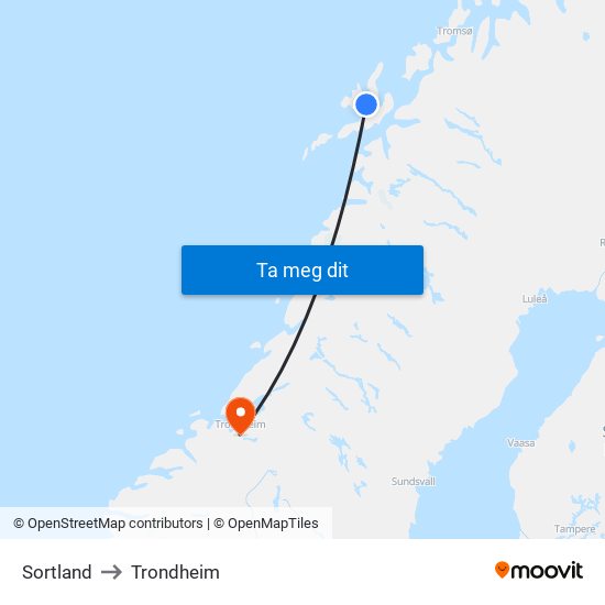 Sortland to Trondheim map