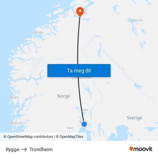 Rygge to Trondheim map