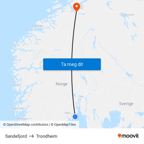 Sandefjord to Trondheim map