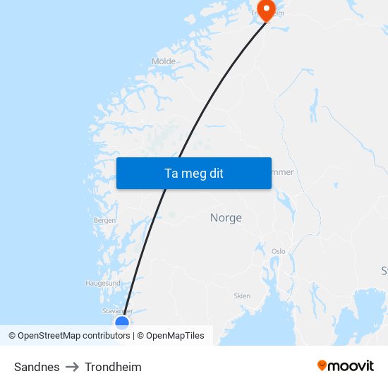 Sandnes to Trondheim map