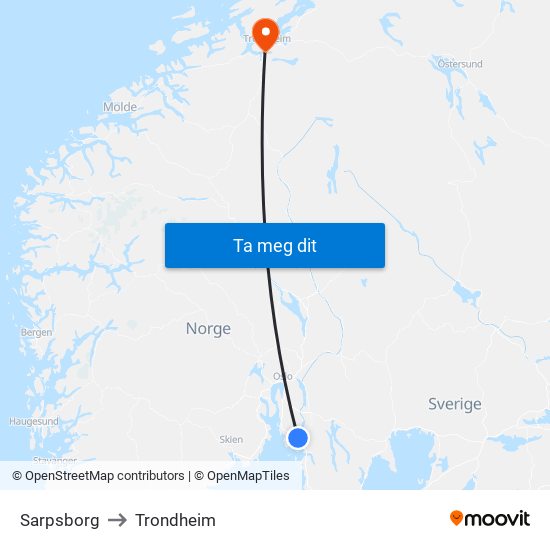 Sarpsborg to Trondheim map