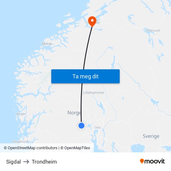 Sigdal to Trondheim map
