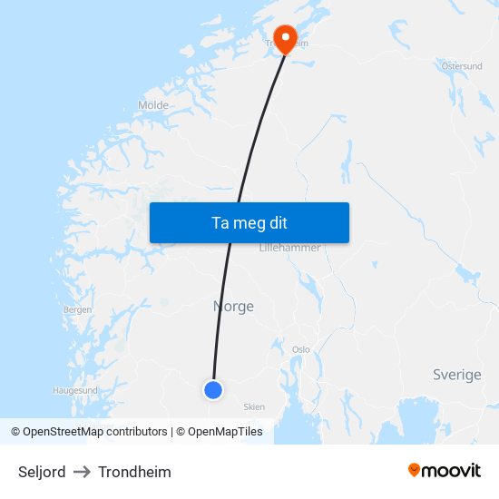 Seljord to Trondheim map