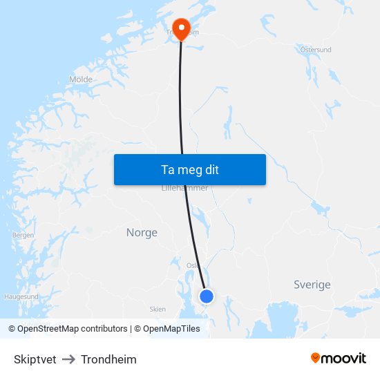 Skiptvet to Trondheim map