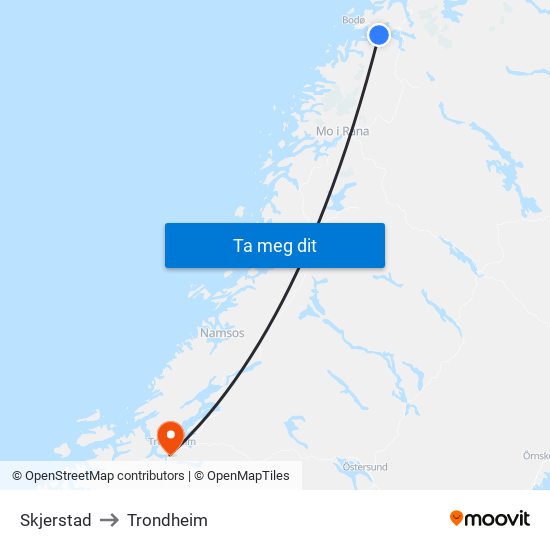 Skjerstad to Trondheim map