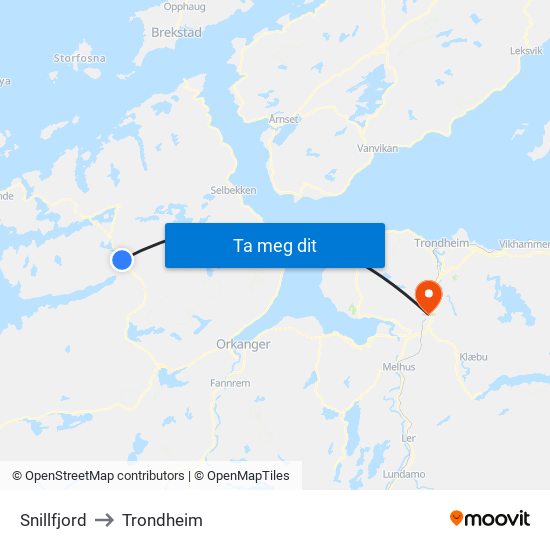 Snillfjord to Trondheim map